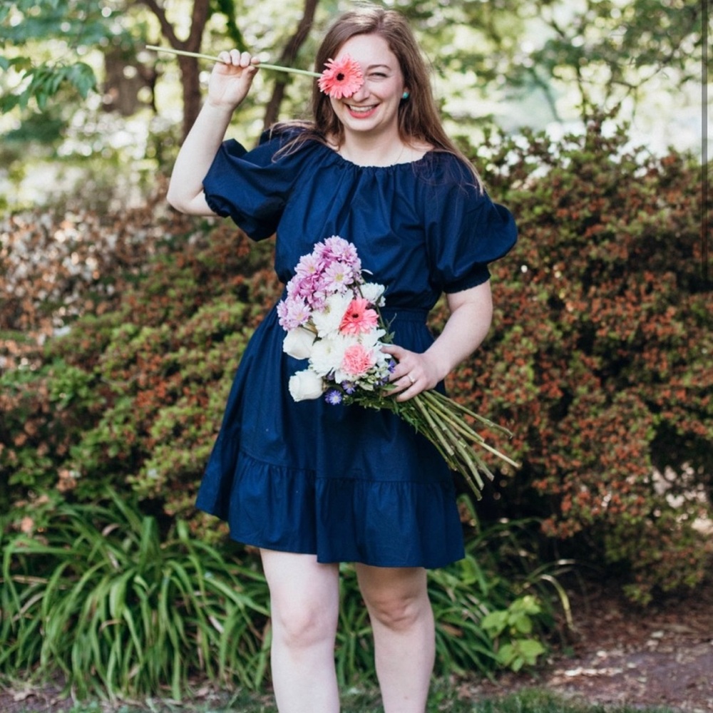 Gap navy blue puff sleeve boat neck dress